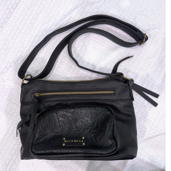Rein & Bridle Handbags - Rein & Bridle Leather Crossbody Bag Black Tooled Floral Embossed Boho Purse